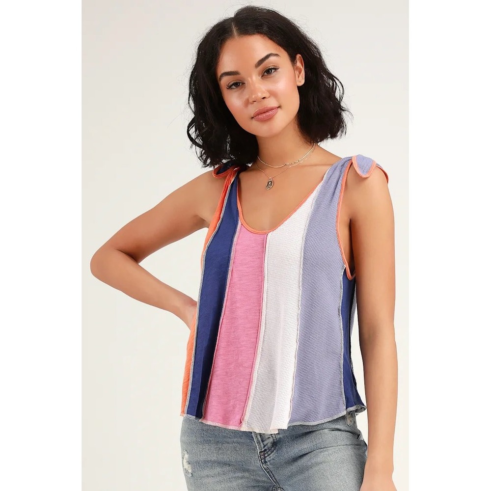 We The Free Free People Carousel Patchwork Tank Top Multi Color Tie‎ Shoulder LG
